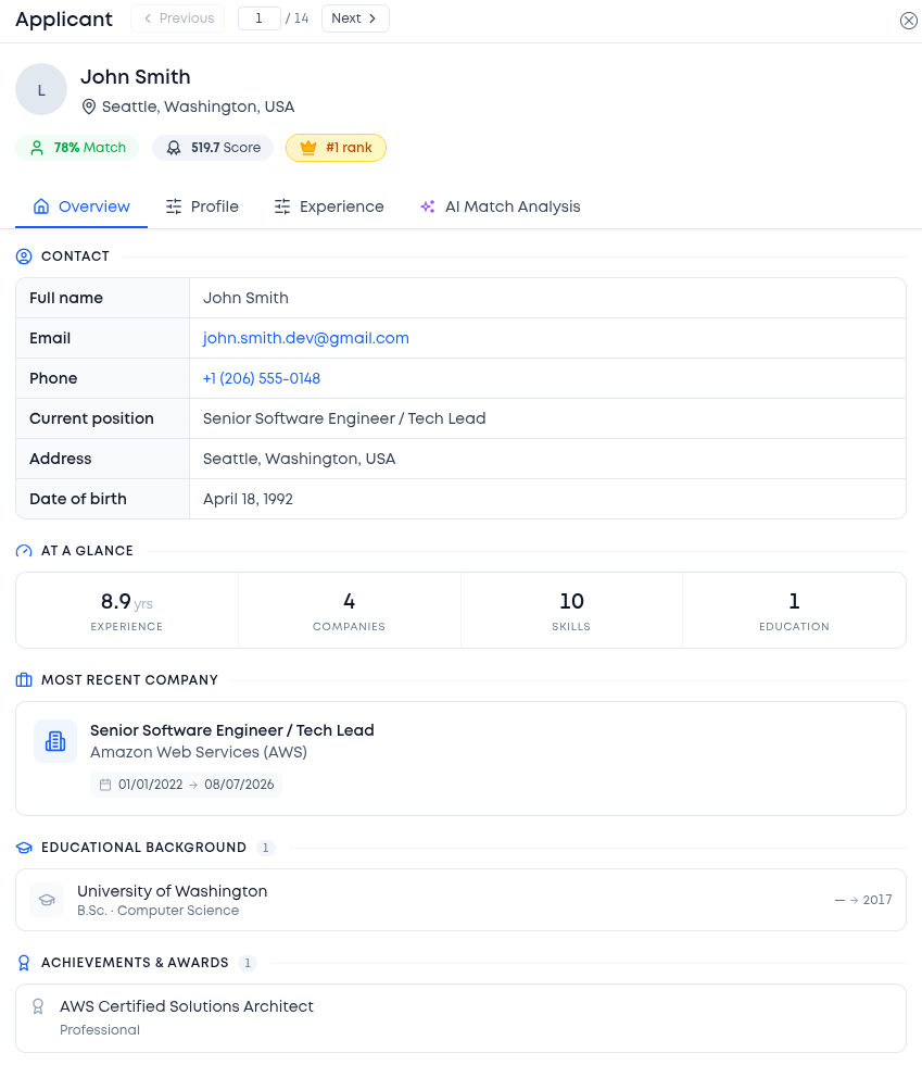 HireZin candidate profile with contact details, experience summary, education and AI match score
